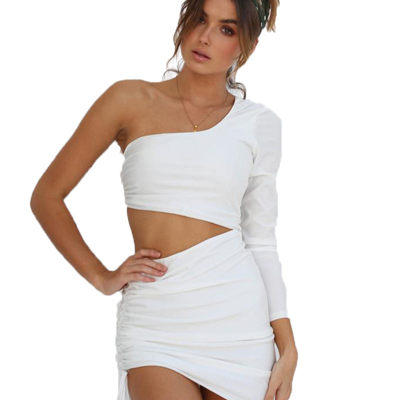 Women's European and American sexy single shoulder hollow strap long sleeved hip hugging dress