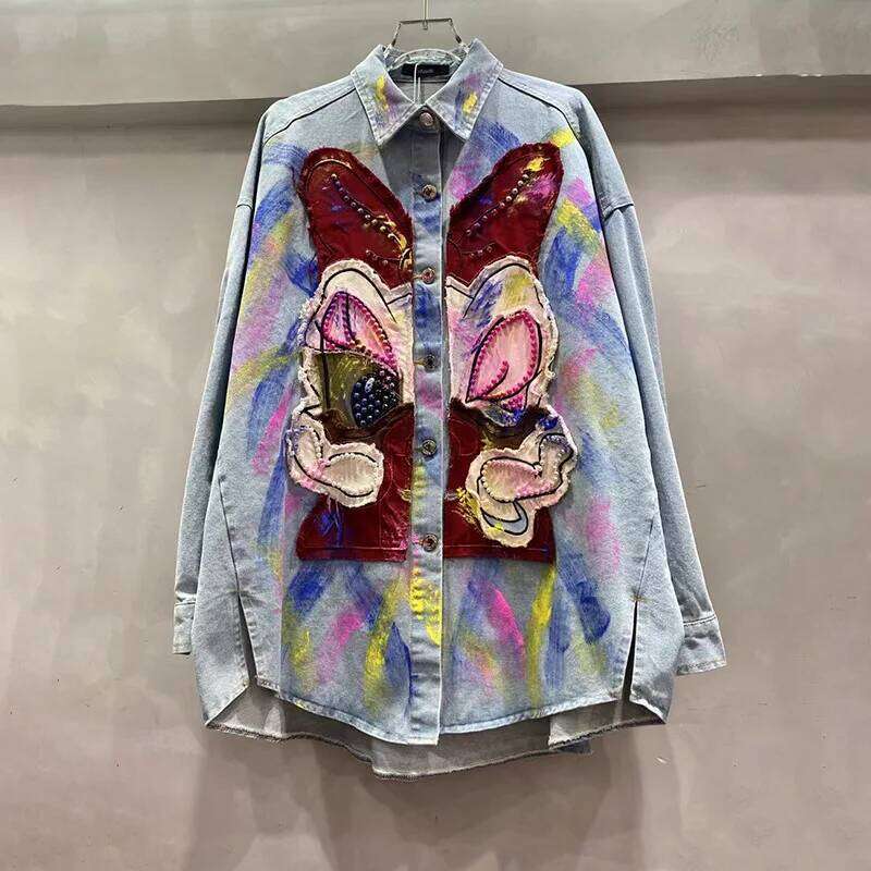 Trendy Jacket 2025 Spring And Autumn New Cartoon Sticker Hand-Painted Design Loose Women's Clothing Denim Shirt