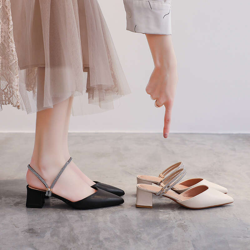 2025 New Spring Summer Closed-Toe Sandals Women, Mid-Heel Chunky Heel Fairy Style Fashion Rhinestone Two-Way Wear Slippers for Women