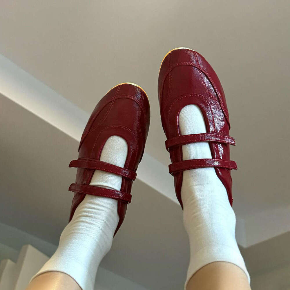 Cowhide Version ~ Velcro Casual Sneakers for Women Versatile Ballet Style Mary Jane Genuine Leather Red Flat Shoes Trendy