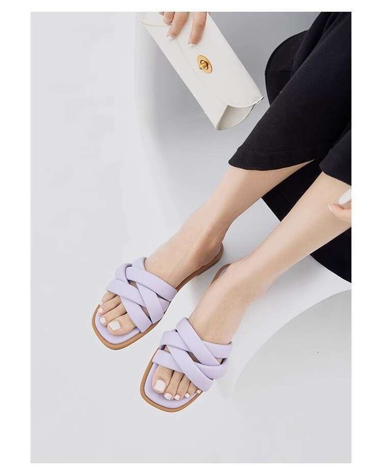 Genuine Leather Cross Woven Strap Slippers for Women Summer Outdoor 2025 New Fashion Casual Soft Flat Beach Sandals
