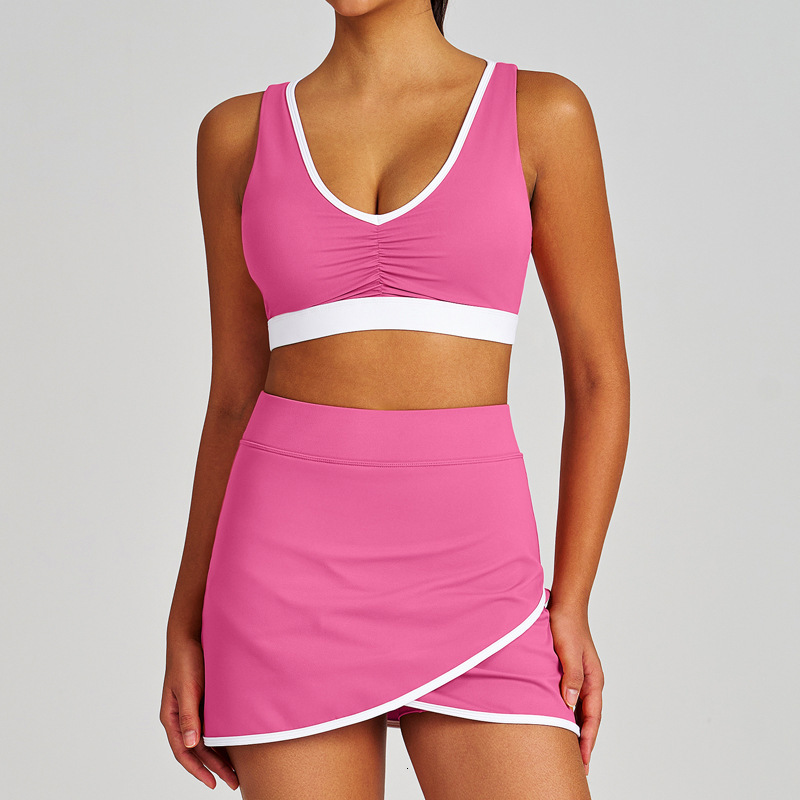 Color Block Wrinkled Yoga Outfit Set Tennis Skirt Tank Top Shockproof Quick-Dry Shorts Sports Bra for Women