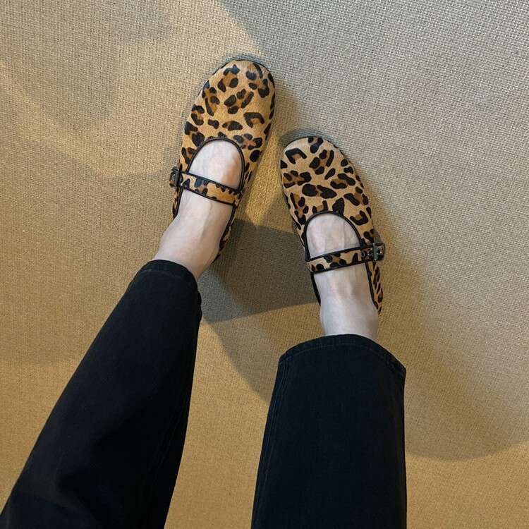 Sheepskin Version ~ 2025 New Niche Leopard Print Horsehair Strap Shallow Mouth Single Women Flat Mary Jane Shoes