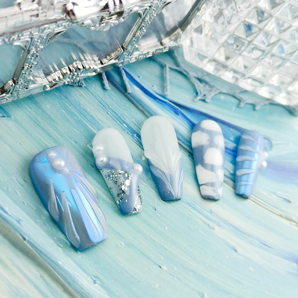 10pcs Handmade Press-on nails Long Coffin Nails 3D Hand drawn Fake nails Bundle Sweet Pearl Sequin Finished nail stickers Free storage box jelly glue 