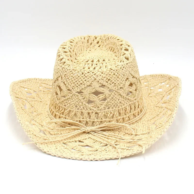 Hand woven western cowboy hats for women black straw hat men summer flanging sun visor hat hollow sombreros beach hat 250526