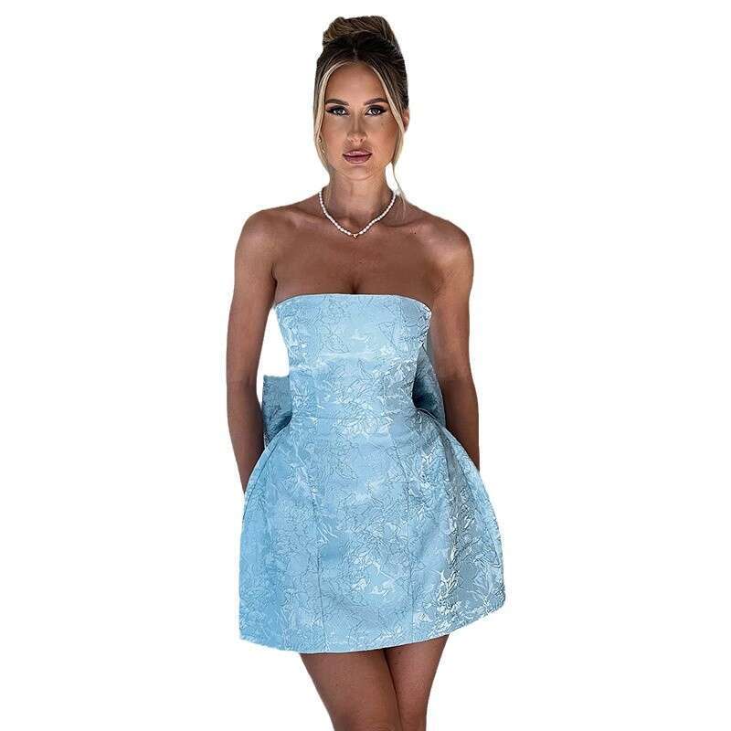 YJ24112 Summer 2025 New Fashion Style Elegant Sexy Jacquard Strapless Bow Mini Dress for Women