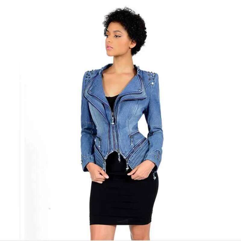 New Fashion Rivet Zipper Denim Jacket Women's Slim Motorcycle Jeans Outerwear Lapel Female Top Short Coat There Lining G408
