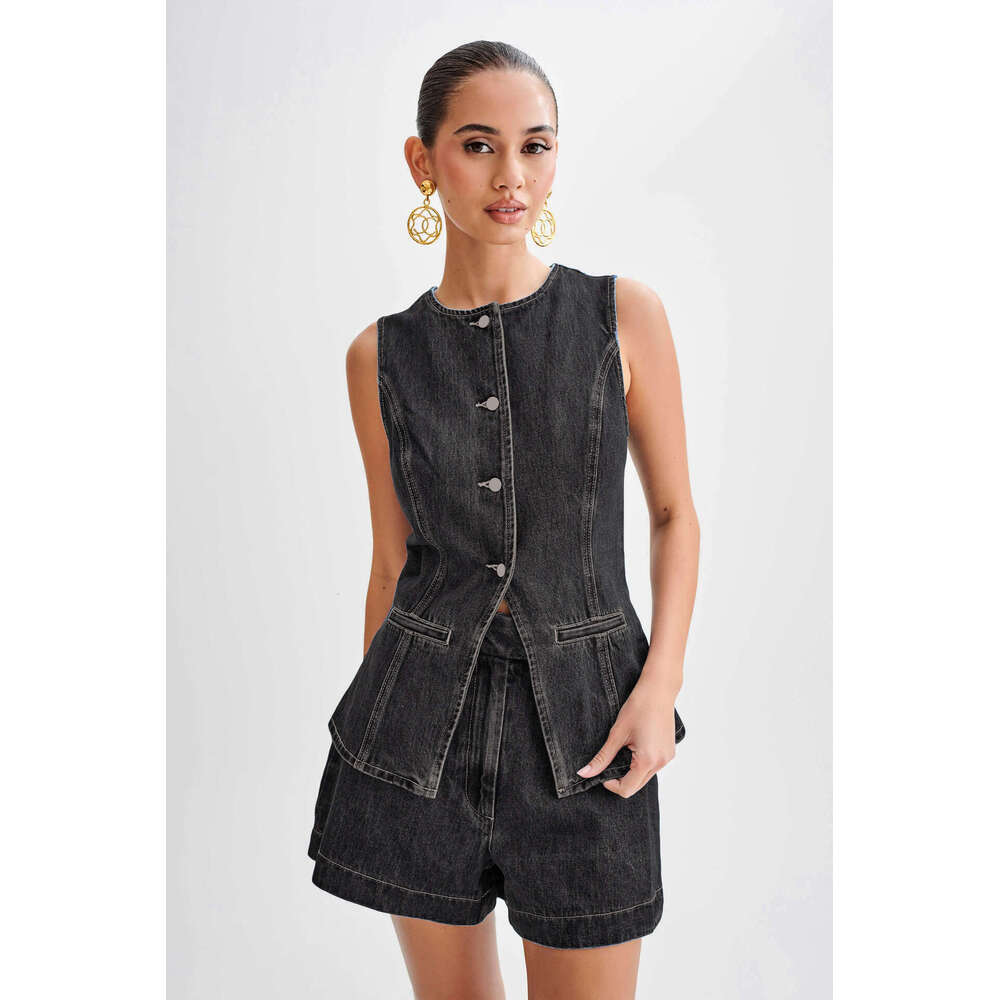 2025 Summer Fashion Casual Sleeveless High-Waisted Women's Set with Denim Shorts