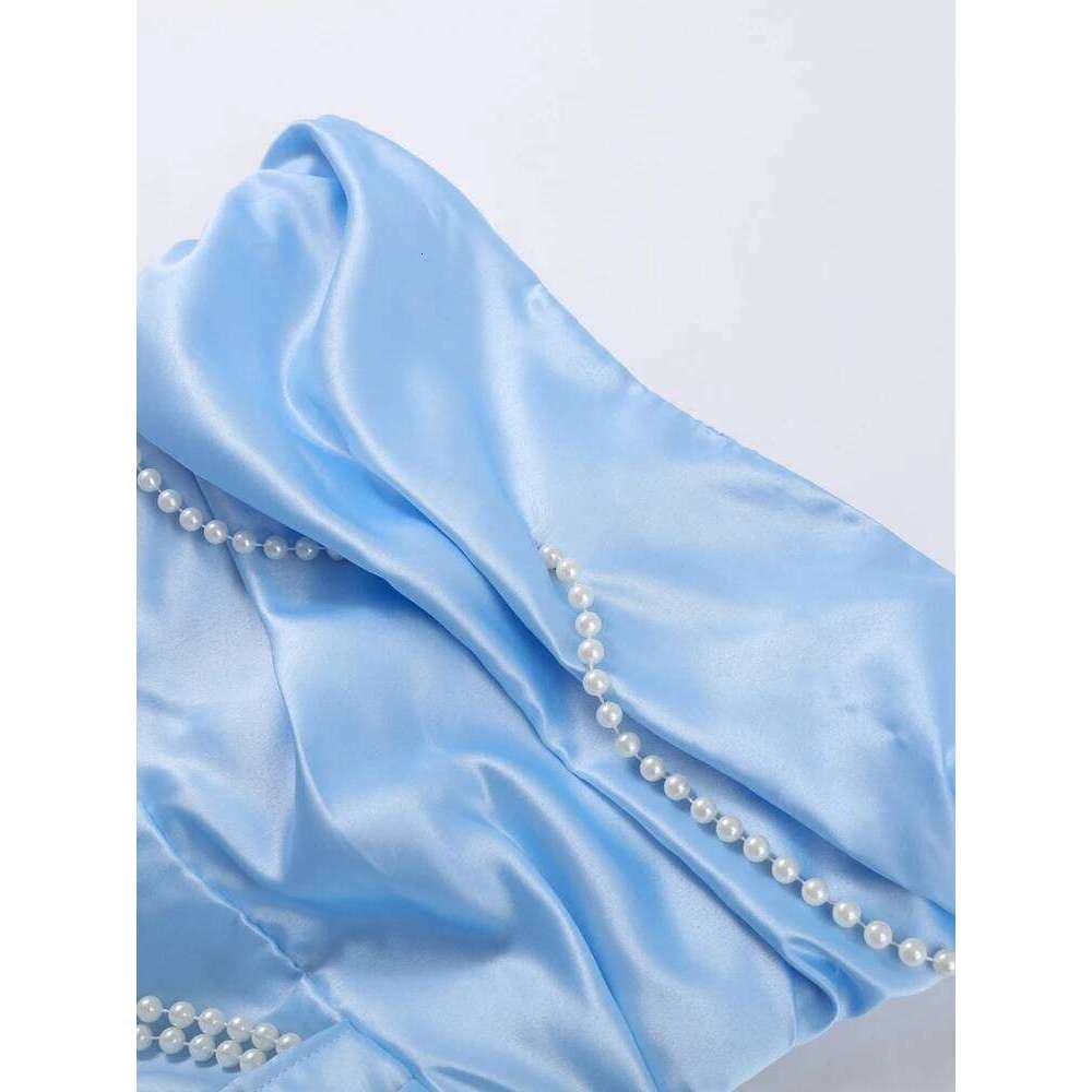 Pleated Pearl Chain Strapless Dress Waist Cinching Sexy Trailing Silk Satin Temperament Women Short Dresses Party Evening Gown