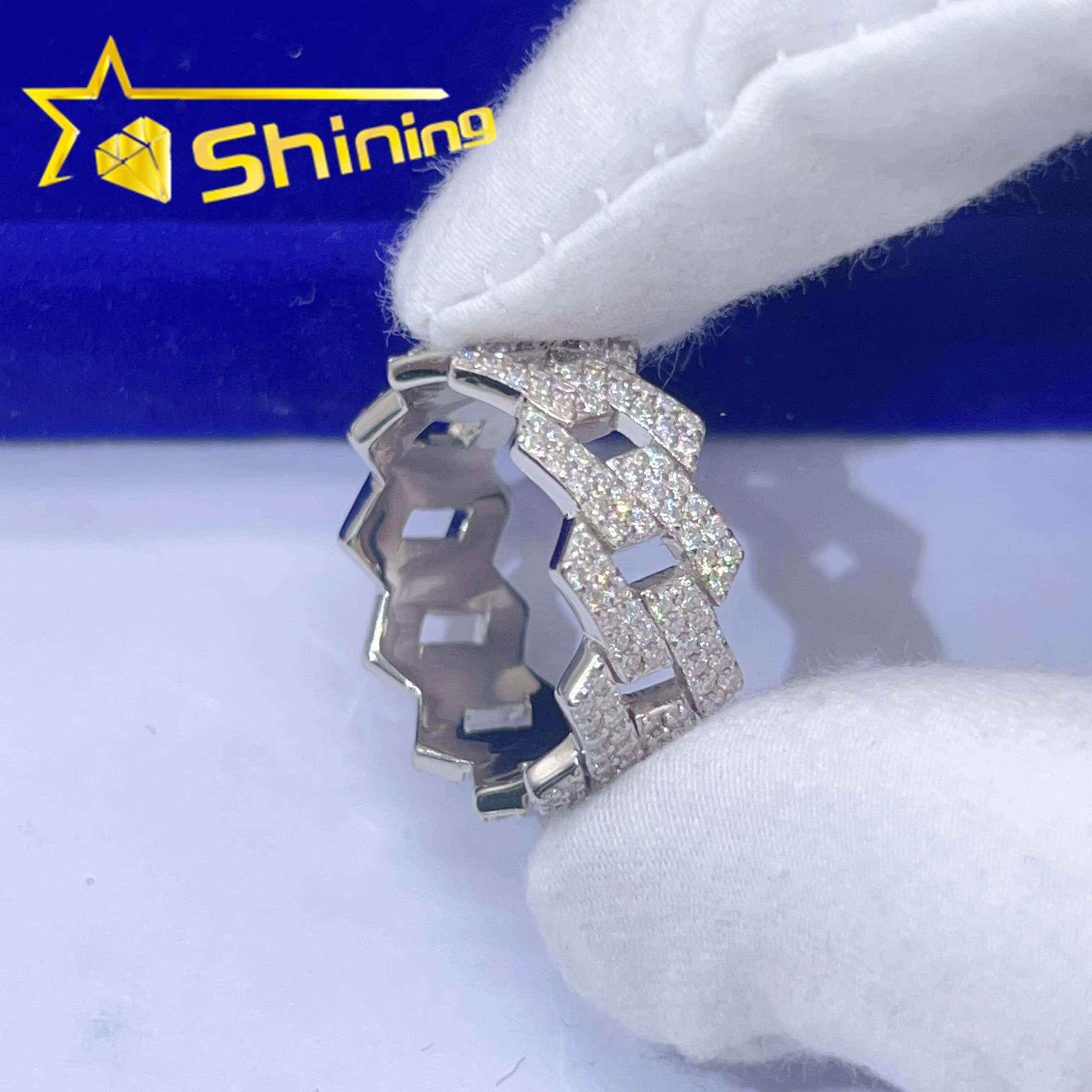 Wholesale Price Sterling Silver S925 Fashion Cuban Link Design Hip Hop Ring Iced Out D-VVS Moissanite Diamond Men Ring