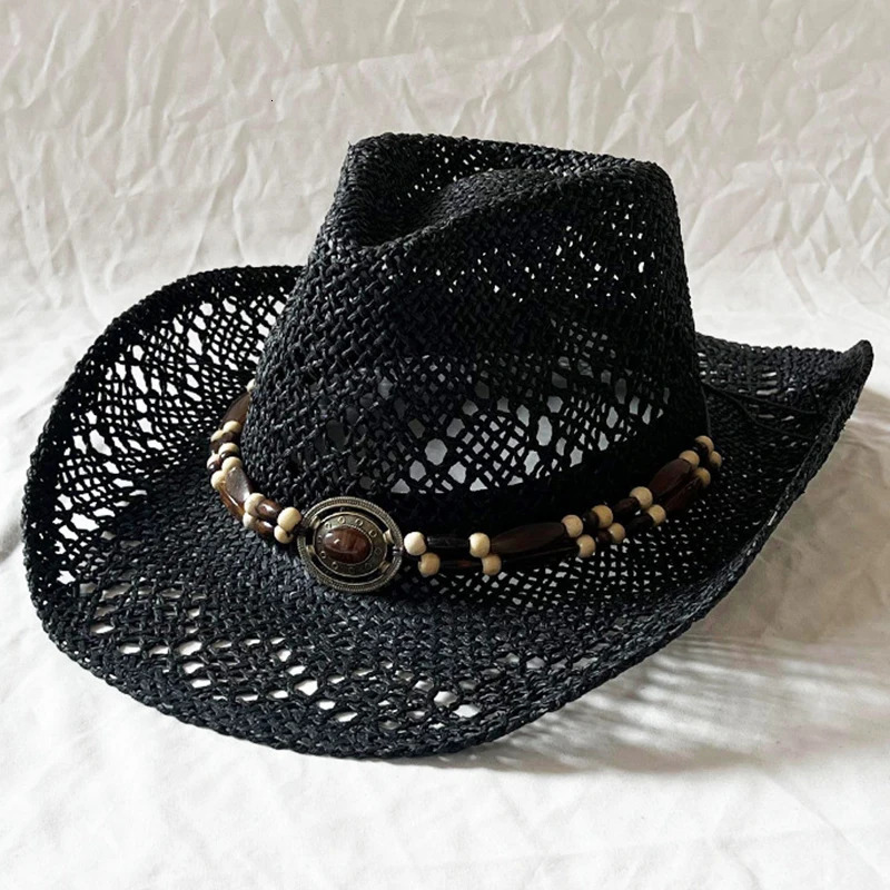 Ethnic Style Gemstone Beaded Cowboy Straw Hat Men Women Summer Sunshade Sunscreen Hat Hollow Breathable n Tibetan Straw Hat 250526
