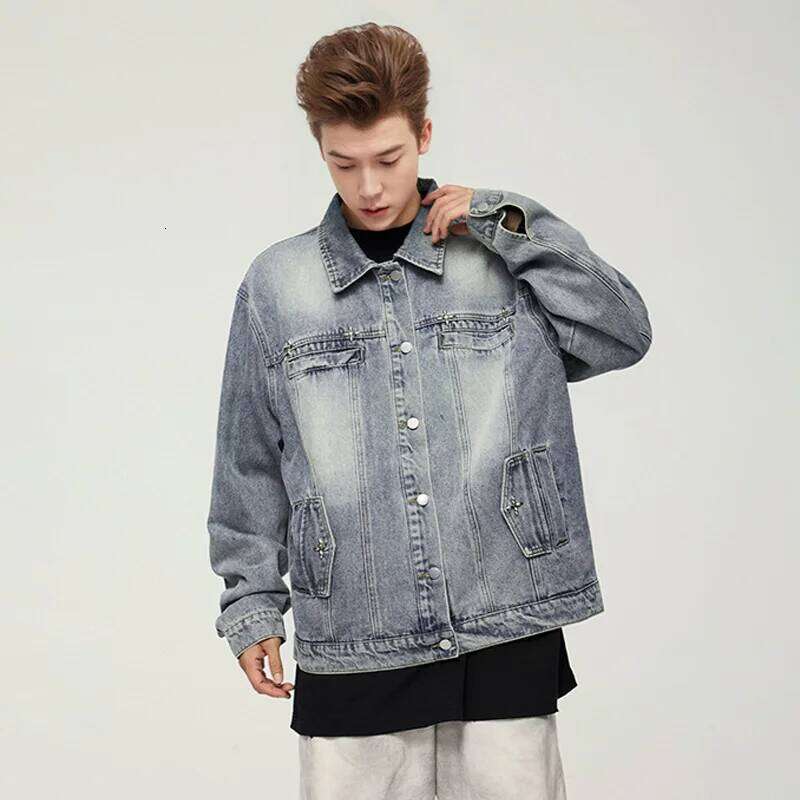 IATION Men's Vintage Washed Denim Jacket Unisex American Loose Fit Casual Outerwear With Stud Design Coat