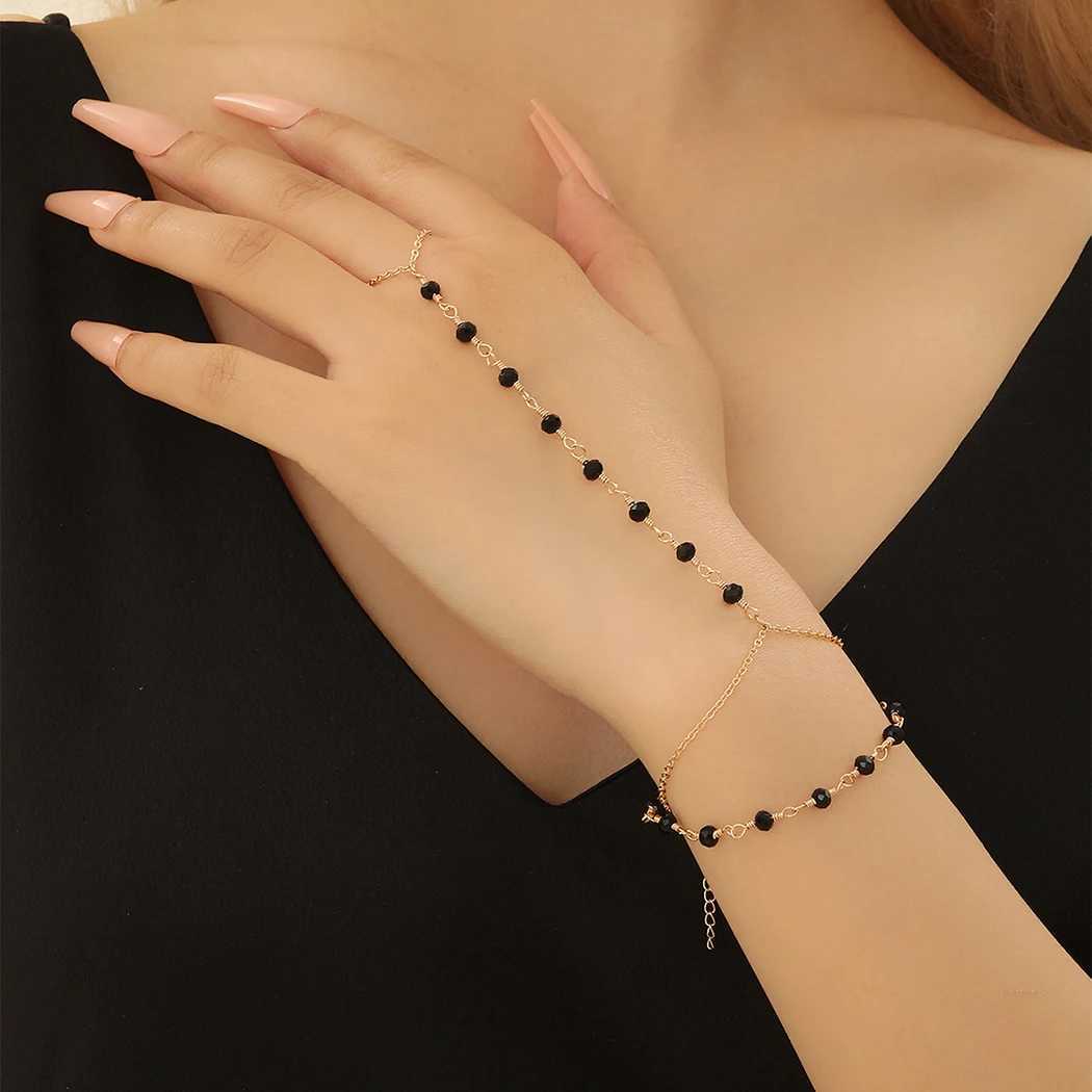 Black Beads Link Chain Bracelets Connected Finger Ring Bangle For Women Girls Bohemia Double Layer Chain Bracelet Party Jewelry W250526