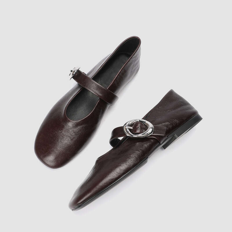 Mary Jane Strap Single Women 2025 New French Style Shallow Mouth Flat Ballet Fashion Round Toe Leather Shoes