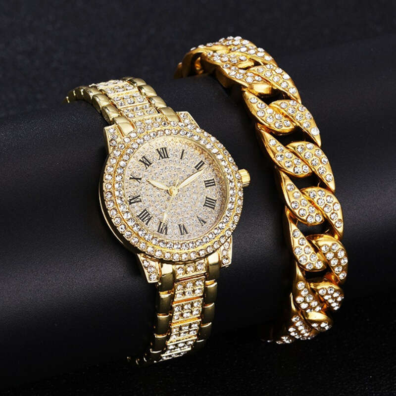Roman Dial Steel Band Starry Sky Elegant Business Quartz Hip Hop Style Full Diamond Bracelet Watch Set