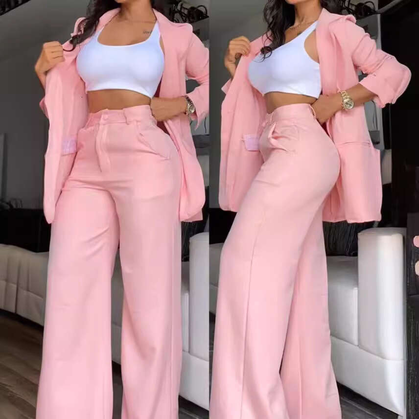 2025 Summer Women's Elegant Solid Color Split Sleeve Lapel Blazer and Straight Pants Set