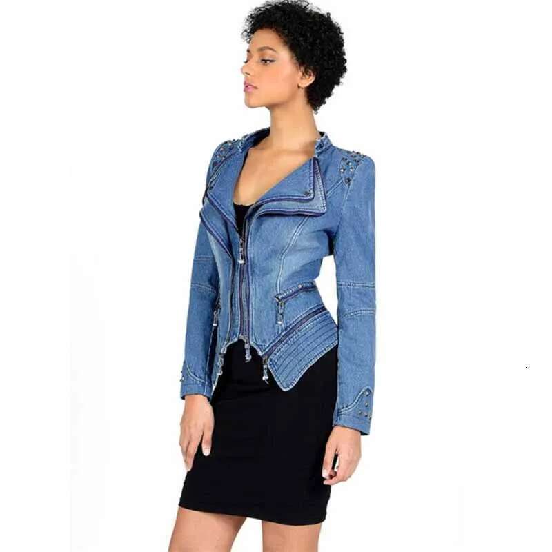 New Fashion Rivet Zipper Denim Jacket Women's Slim Motorcycle Jeans Outerwear Lapel Female Top Short Coat There Lining G408