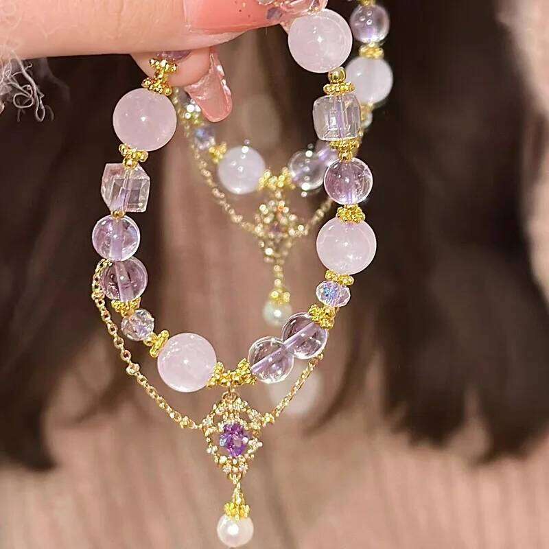 Light Purple Glass Crystal Beaded for Women Chic Butterfly Tassel Pendant Bracelets Sweet Girl Wrist Jewelry designer bag