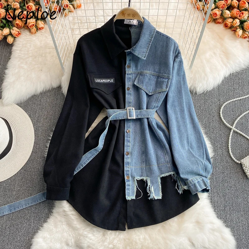 Neploe Unique Denim Patchwork Shirt Turn-down Collar Chic Mujer Blusas Long Sleeve Tops Female Irregular Women Blouses with Belt 250523