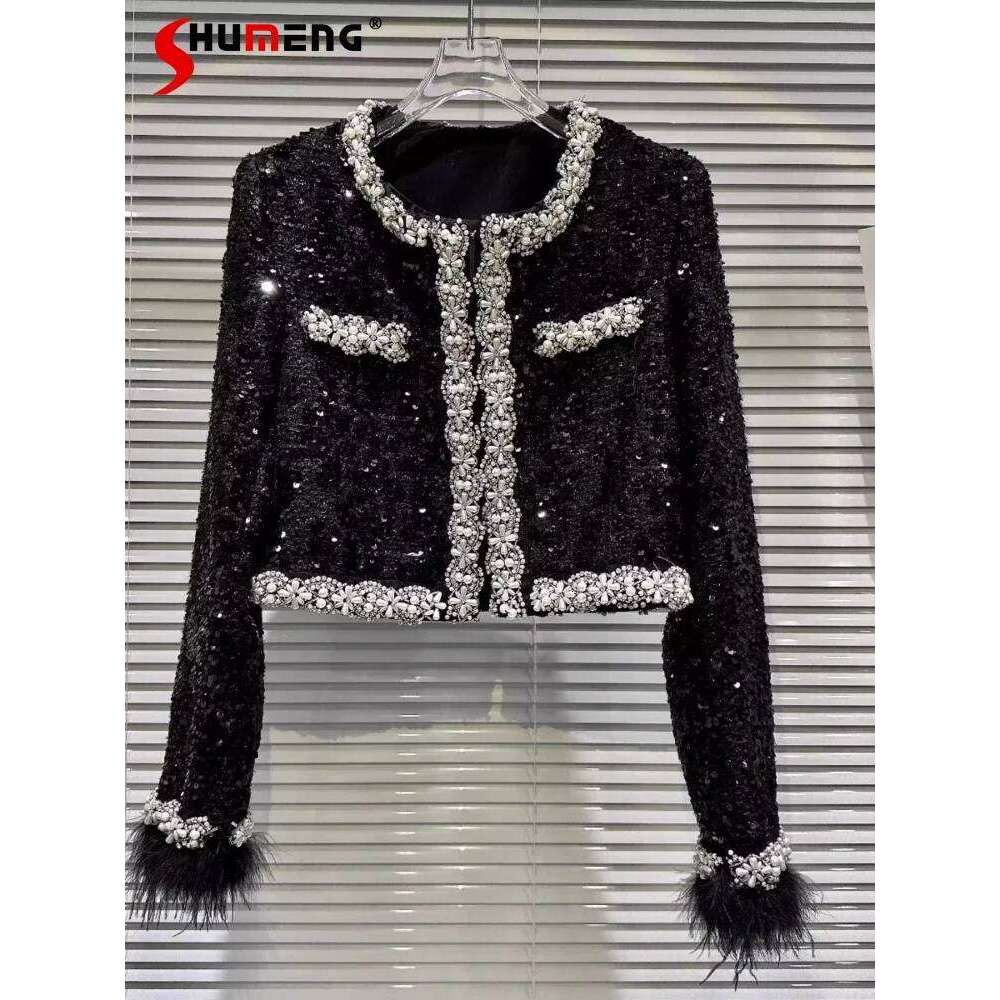Female 2024 Autumn And Winter New Small Fragrant Socialite Jackets Ostrich Hair Cuffs Rhinestone Beaded Edge Short Coats