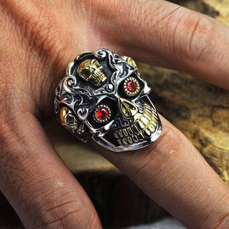 Sier Jewelry Gothic Inlaid Natural Garnent Stone Mens Skull Rings
