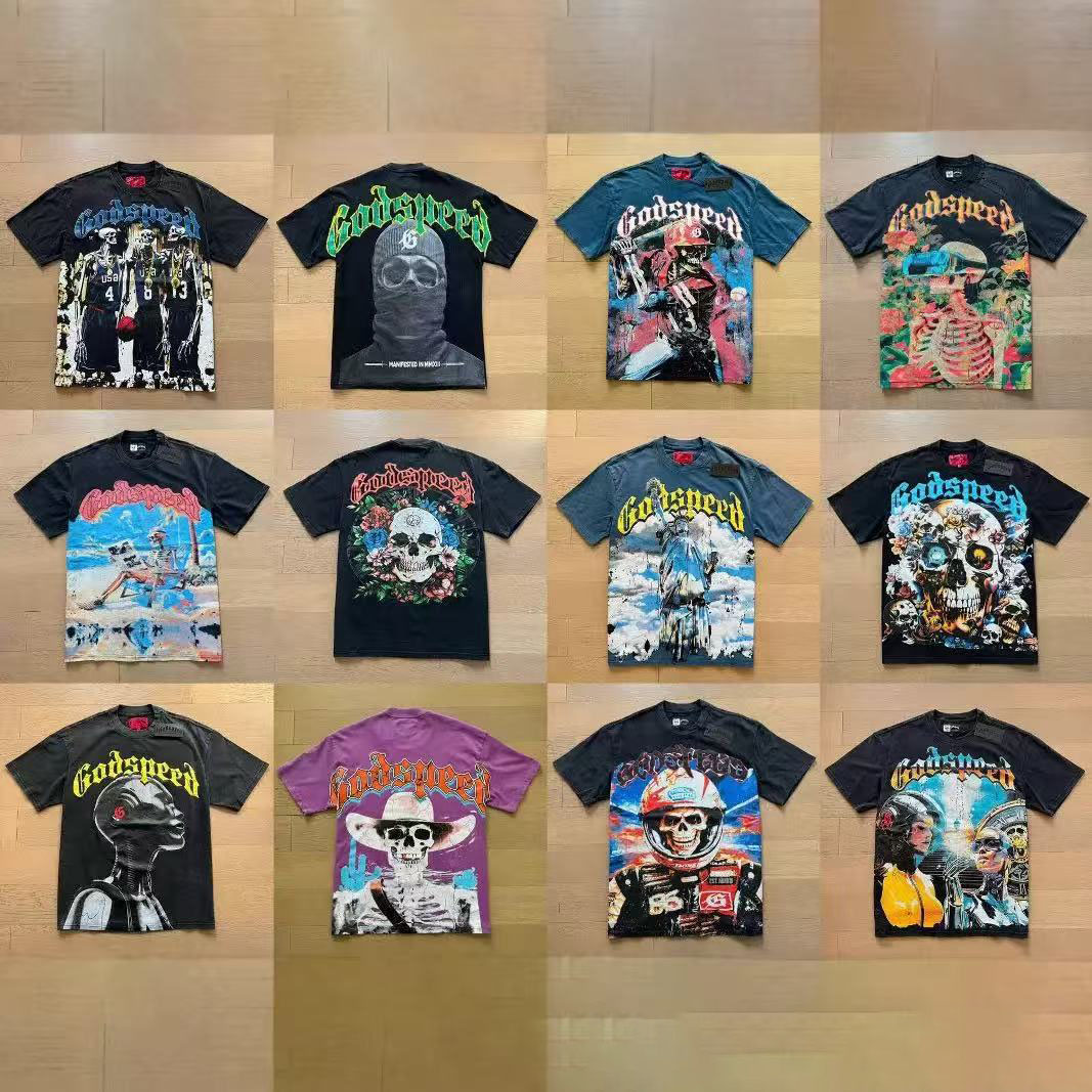 Men's T-shirt designer T-shirt 2025 New Godspeed Trendy Skeleton Rock Band Basketball Washed Black Short sleeved T-shirt Unisexuit