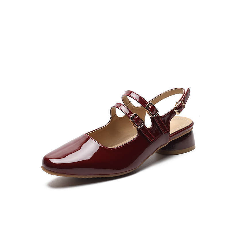 Red Mary Jane Sandals for Women, Square Toe, Chunky Mid Heel, One-Strap Patent Leather, French Style, Summer Edition