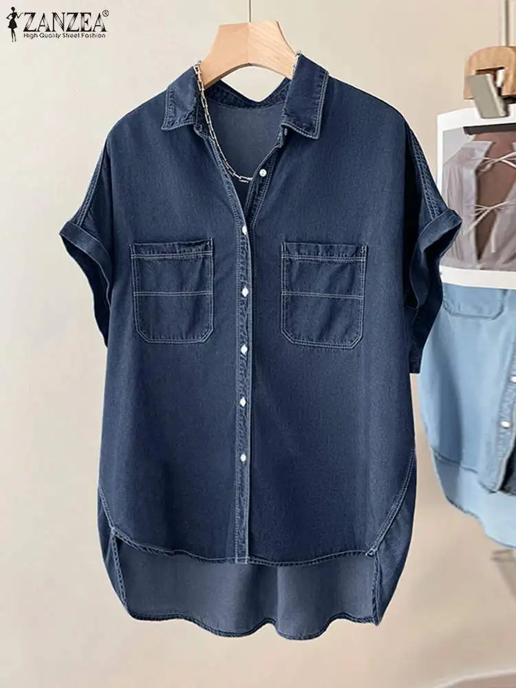 ZANZEA Women Demin Blue Blouse Elegant Short Sleeve Casual Solid Loose Tops Tees Summer Button Up Lapel Oversized Blusas 250523