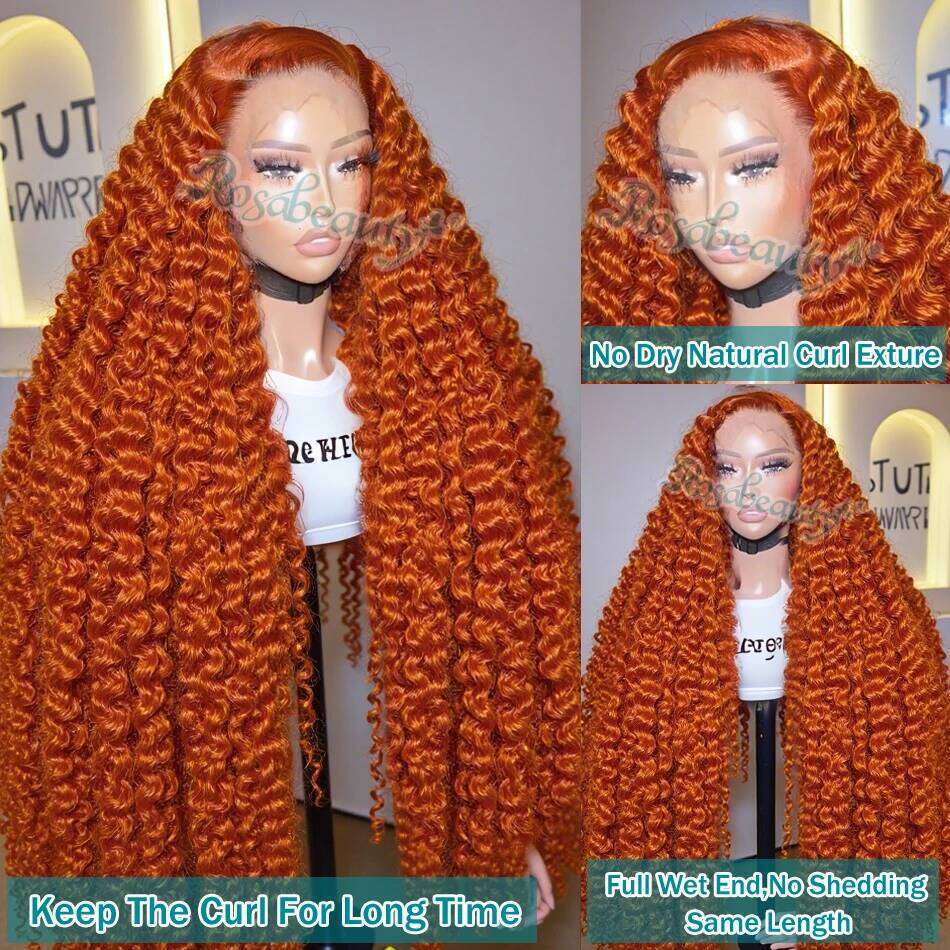 Rosabeauty 250 Density Orange Ginger 13X4 Front Curly Human Hair 30 Inch Deep Wave 13X6 Hd Lace Frontal Wigs