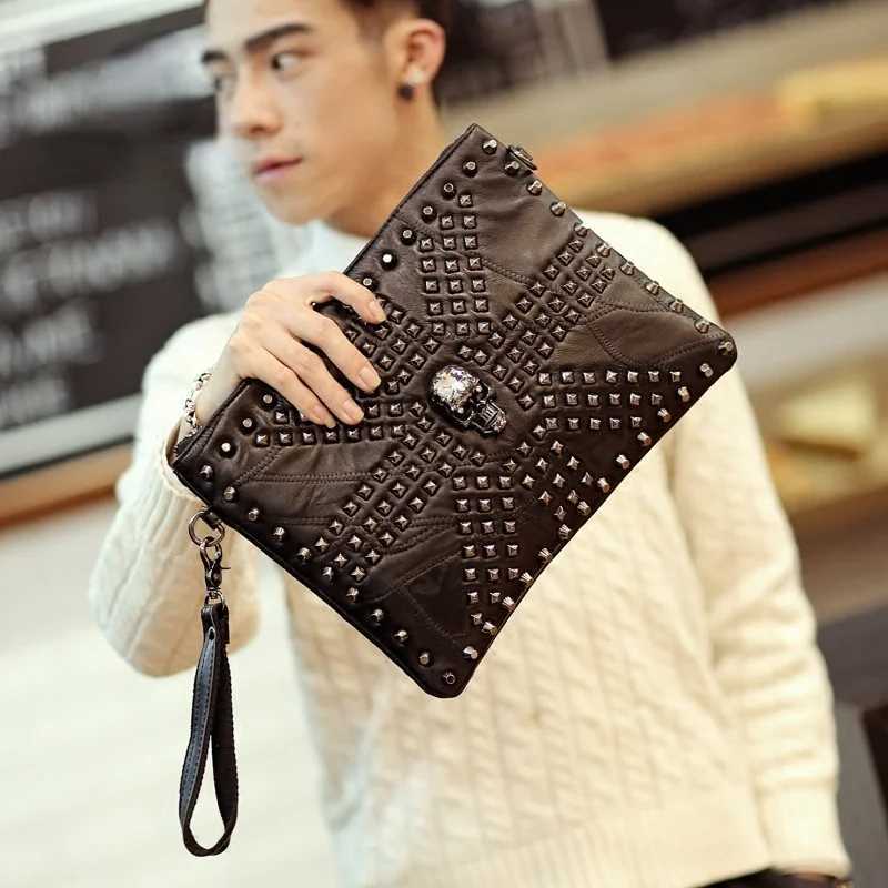 Fashion Skull Rivet Clutch Men Shoulder Bag Soft PU Leather Mens Clutches Handbags Wrist Bag Wallet A4 File Envelope Hand Bag W250527