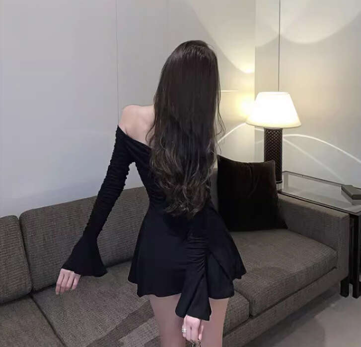Spring and Autumn New Pure Desire Style Women's Spicy Off-Shoulder Ruched Slimming Flared Long Sleeve A-Line Dress