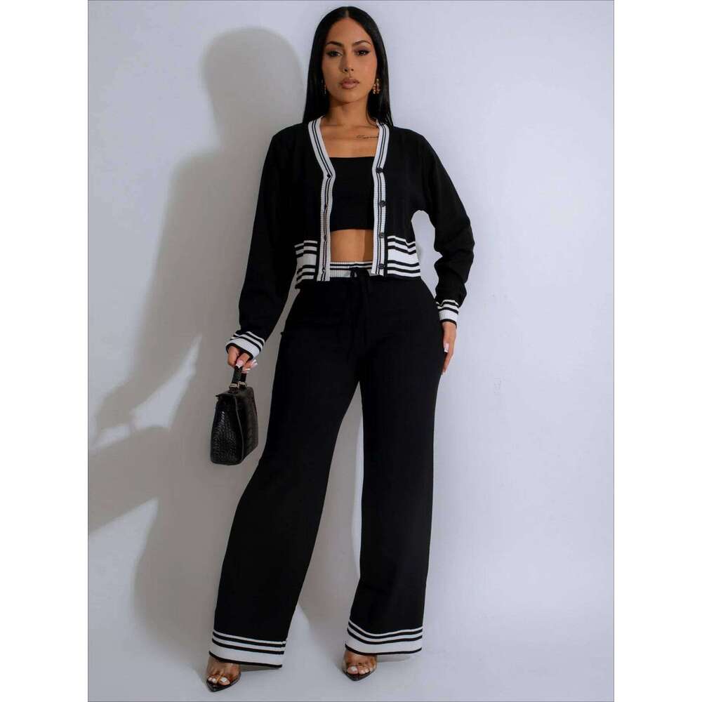 Street Knit Ribbed Striped Women's Butter Fly Sweater +Strapless Top + Pants 2024 Fall Winter Two 2-Piece Set Outfit