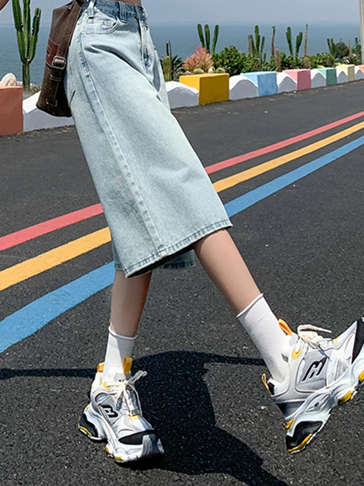 Female Summer American Vintage Baggy Denim Cropped Pants Woman High Waist Washed Wide Leg Jeans Light Blue Loose A Line Shorts 250516Z