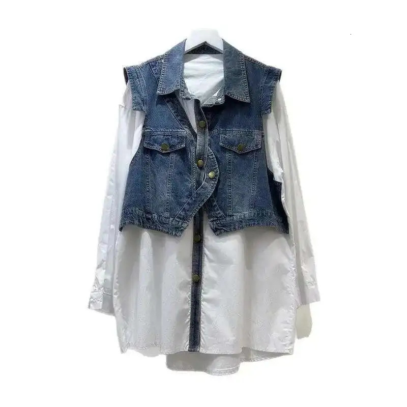 DEAT 2025 Spring Fashion Fake Two Piece Denim Patchwork Single Breasted Blouse For Women Lapel Trendy Shirts Female 29L9481 250523