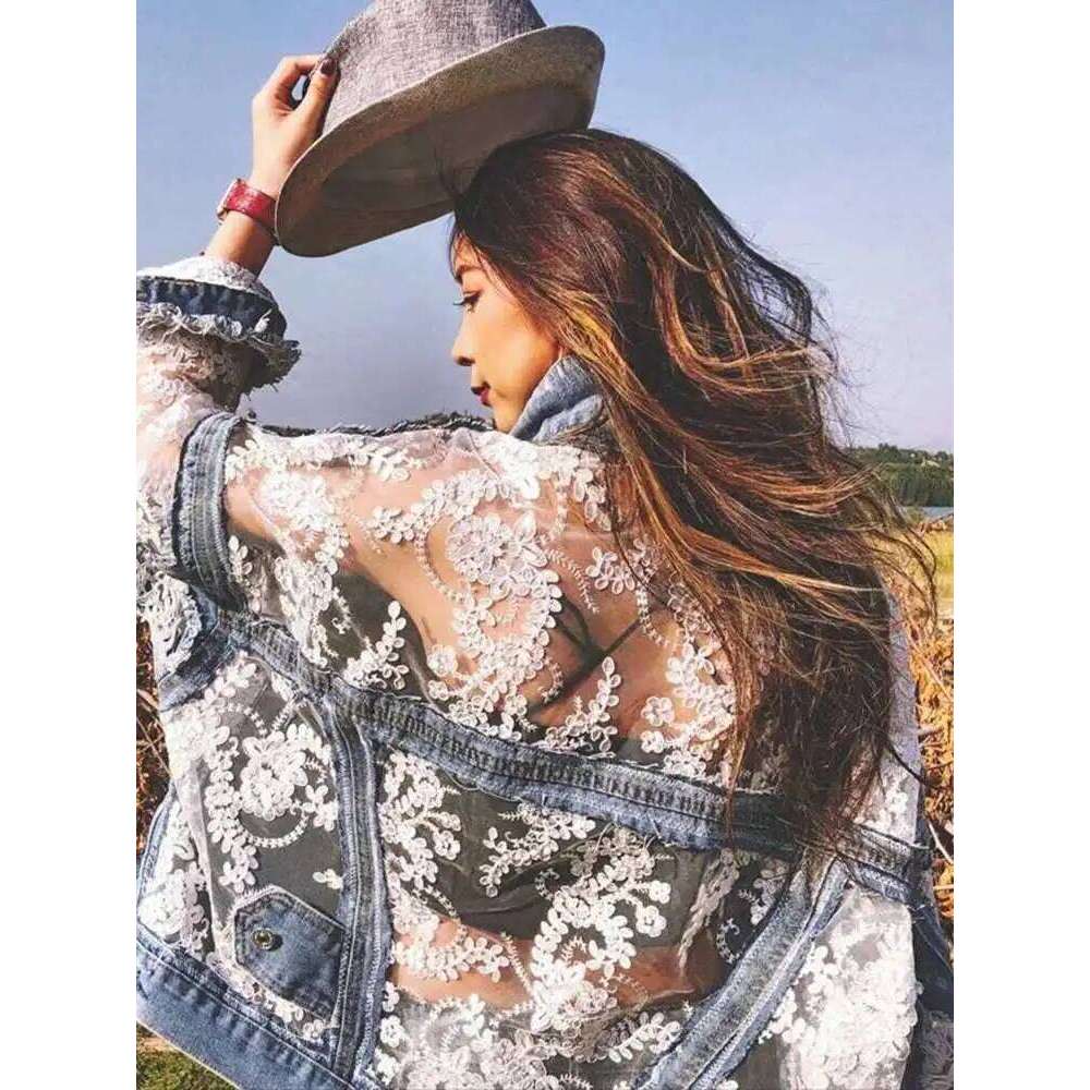 XFPV Women Sweet 3D Flower Embroidered Lace Spliced Loose Short Denim Sunscreen Coat Y2k Korean Fashion Tide Summer 2025 Sm11222