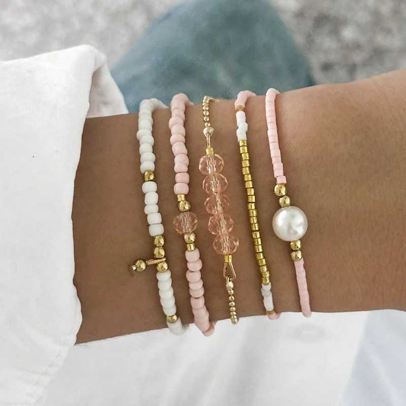 5Pcs/Set Bohemia Rice Beads Stacked Bracelets for Women Girl Handmade Imitation Pearl Crystal Bead Elastic Bracelet Jewelry Gift W250526