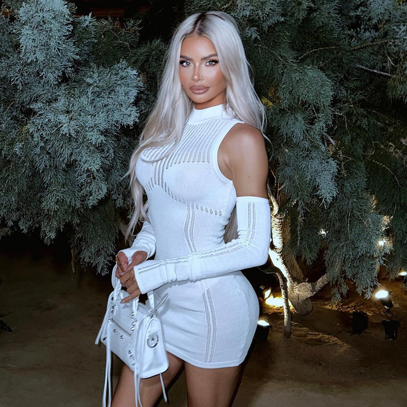 Knitted womens autumn dress sexy perspective tight round neck stitched long sleeve Hip Wrap Skirt 231129