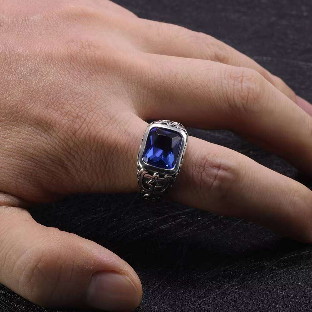 Real Pure Sterling Sier Rings for Men Blue Natural Crystal Stone Mens Ring Vintage Hollow Engraved Flower Fine Jewelry