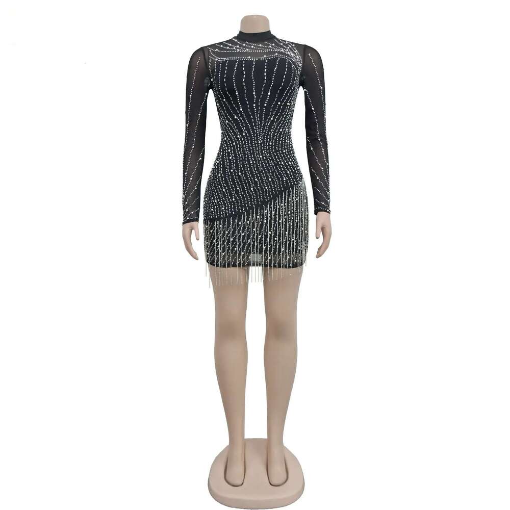 Women Mesh See Though Dias Hot Rhinestones Pearl Tassel Bodycon Midi Dress 2023 Vestidos Sexy Party Evening Dresses