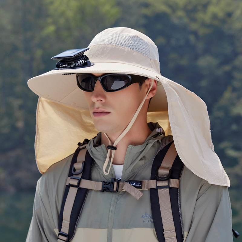 Solar Powered Fan Hat for Men, Summer Outdoor Fishing Hiking Hat with Wide Brim, Shawl Neck Protection, Sunshade Hat for Women