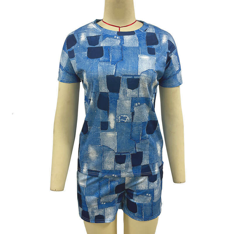 Women's Spring Summer Short Sleeve Two-Piece Printed Commuter Set