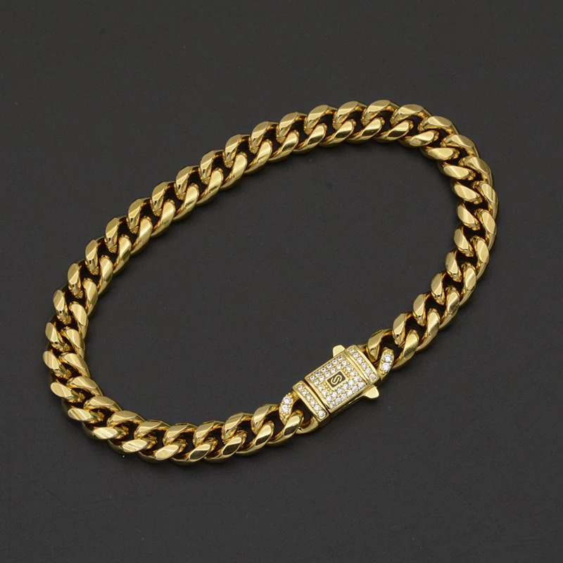 Hip Hop Bling Iced Out Gold Color Stainless Steel CZ Cuban Miami Chain Necklace Link Chain for Men Rapper Jewelry 250526