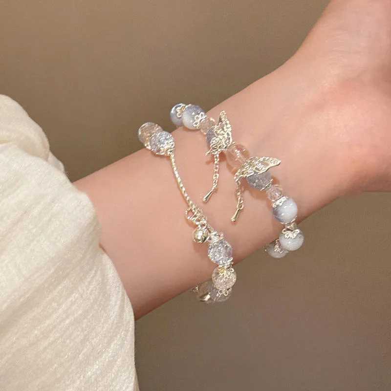 Fashion Korean Sweet Crystal Beads Bracelet for Women Exquisite Feather Butterfly Tassel Charm Bracelet Girls Party Jewelry Gift W250526