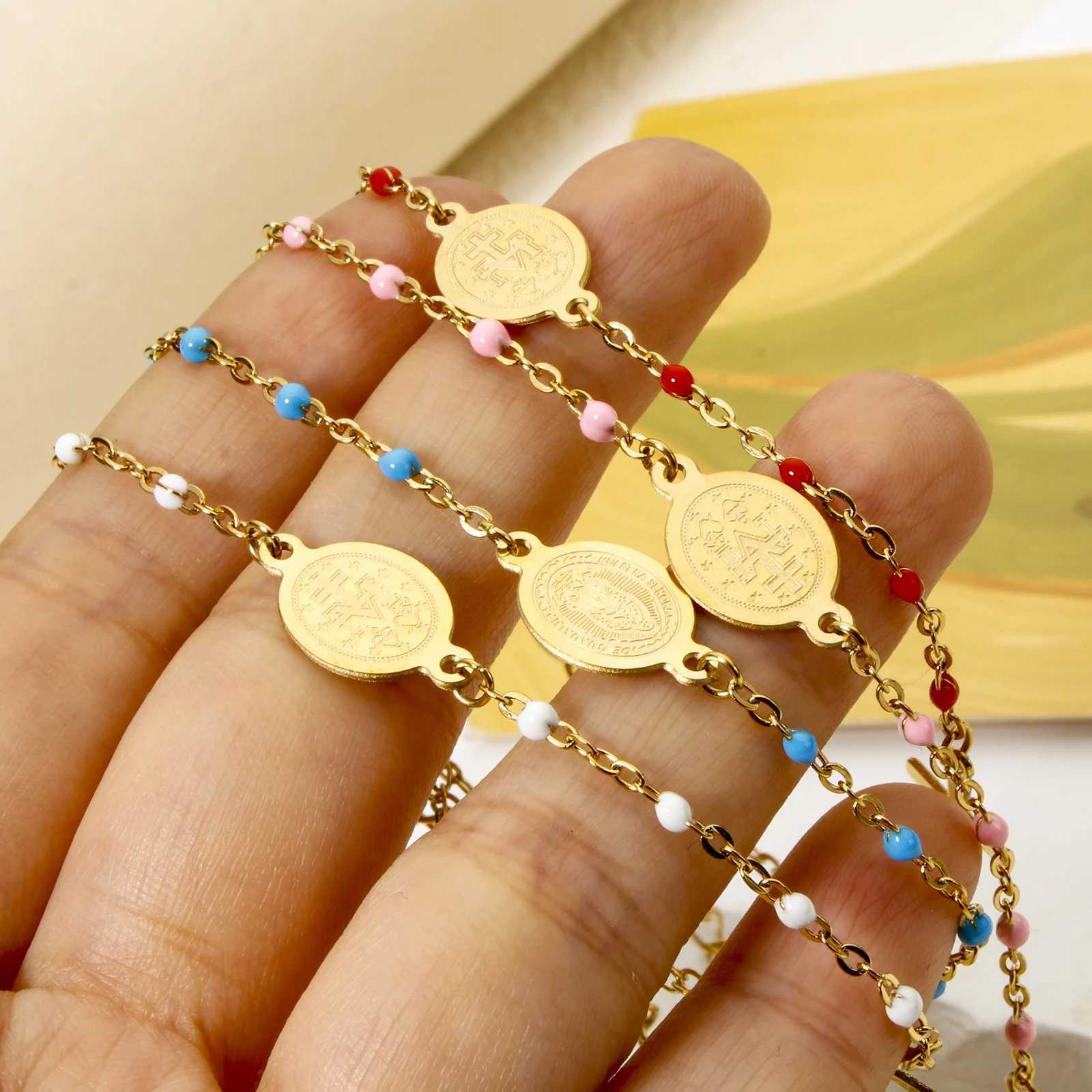 New Cross Virgin Mary Link Cable Chain Bracelets Women Jewelry 18K Gold Plated Stainless Steel Bracelet Gift For Her 17cm W250526