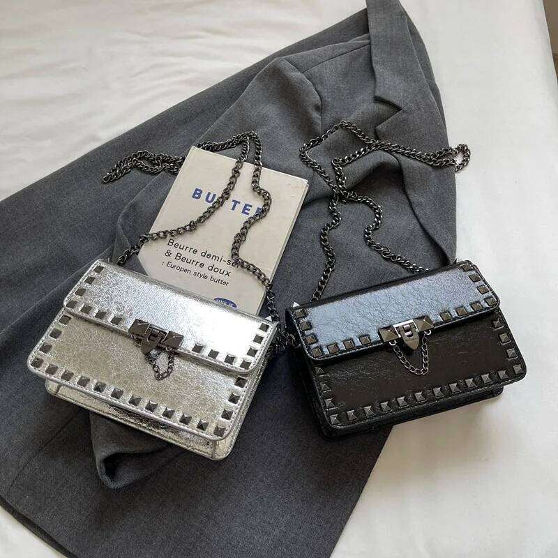 Rivet Small Shoulder Bags For Women Black Punk Style Crossbody Fashion Chain Flap Bag Leather Purses Designer Female Handbag