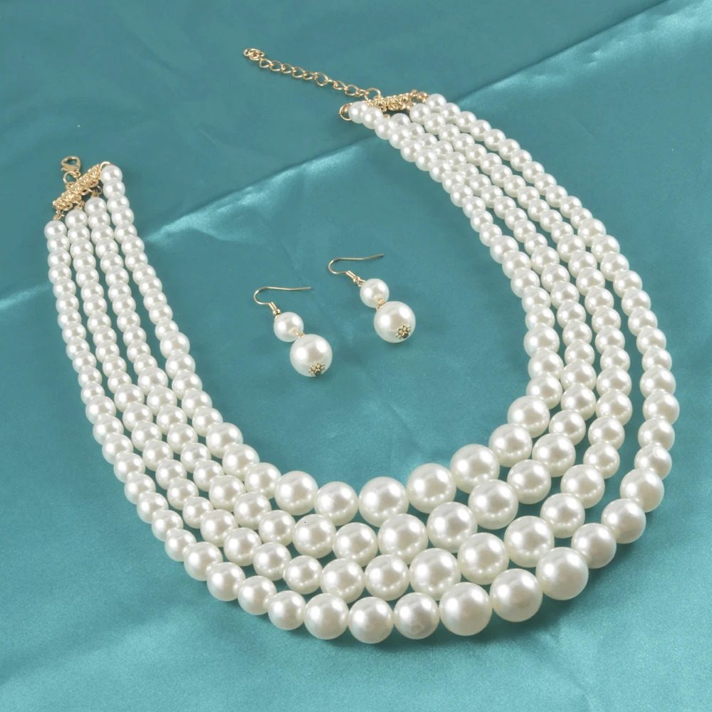 Vintage Baroque Style Round Pearl Necklace Dangle Earrings Jewelry Set Multi Strands Necklace Party Favors For Women 250522