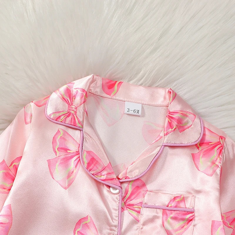 MISOWMNJOY Satin Baby Girls Pajamas Spring Long Sleeve Bow Print Furry Patchwork Button Closure Jumpsuit Sleepwear Loungewear 250527