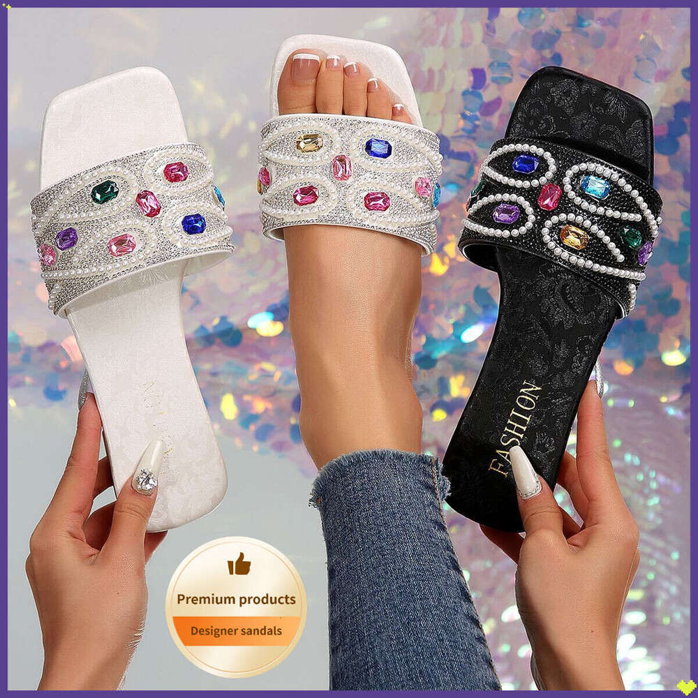 Summer Plus New Women's Sandals For Casual Wear 2025 Fashion Designer Sandals Flat Bottom Rhinestone Slippers Luxury Women's Shoes Wholesale