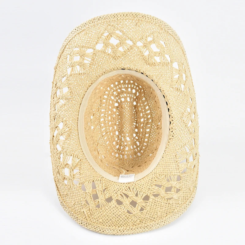 Vintage Western Style Straw Hat for Men Women Summer Hollowing Out Travel Beach Sun Hat Gentleman Lady Cowgirl Jazz Hat 250526