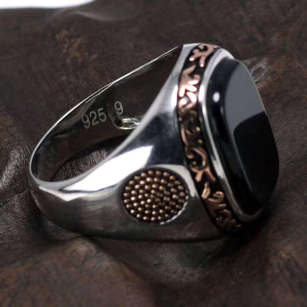 Real Pure Sterling Sier Jewelry Mens Retro Vintage Turkey Ring for Men With Natural Black Agate Stones